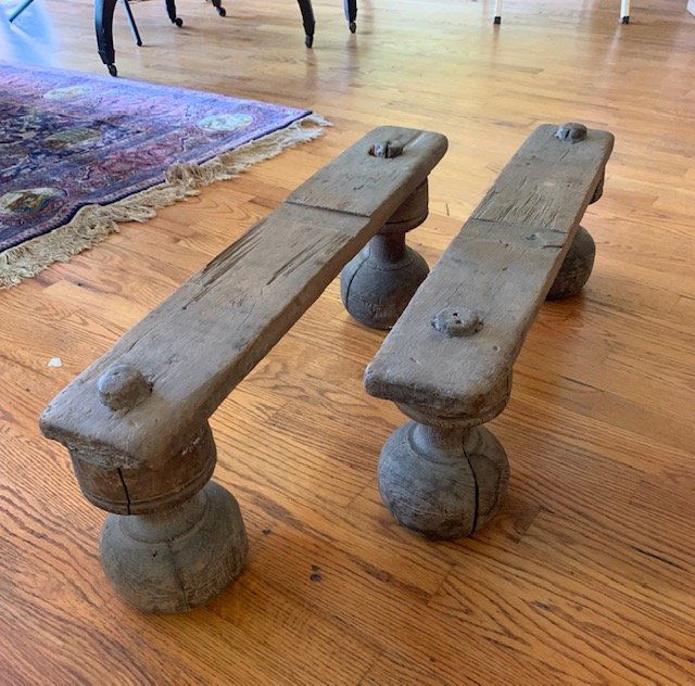 Spanish Colonial Wooden Trunk Stand / Feet: Substantial pair of carved wooden feet, made to arrange beneath a trunk to keep the bottom of the trunk dry and well ventilated. Probably 18th C., Mexico or South America. Approx. 25 3/4"L x 4 1/4"W x