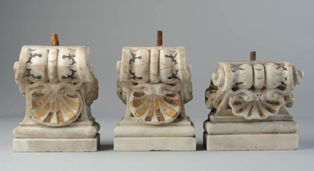 Three Alabaster Architectural Elements: Shell motif inlay, in as-found condition. Provenance: The collection of Ambassador and Mrs. Alexander Weddell of Virginia House Museum, Richmond, Virginia. H: approx. 6". W: approx. 4 3/4". D: approx.