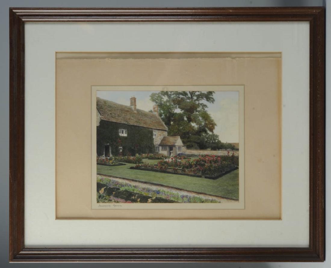 Three Hand Colored Photos of Sulgrave Manor: First half 20th century, matted and framed. Sulgrave Manor is a Tudor and Georgian house built by the direct ancestors of George Washington. Each photo: approx. 9 3/4" x 7 3/4". Largest frame: approx.