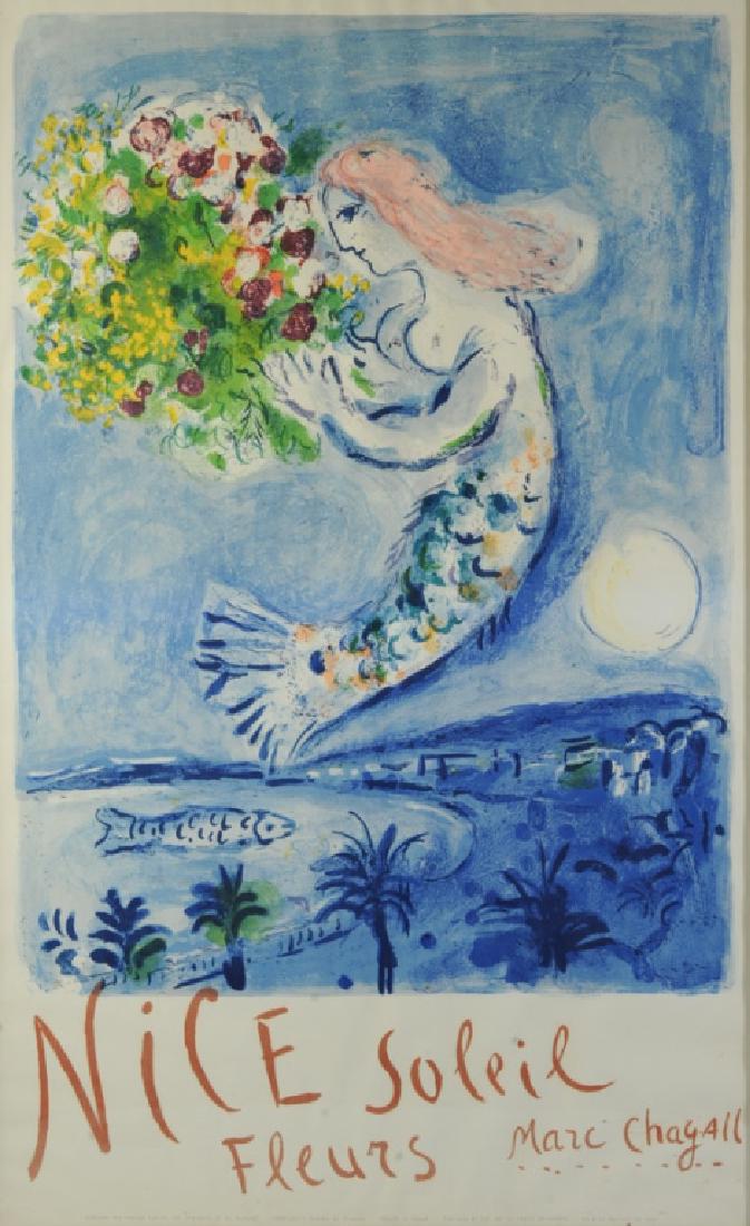 Chagall Litho Poster Nice Soleil, Mourlot: Vintage c.1962 French travel poster by Marc Chagall. Lithograph, (not offset print.) Text at bottom: "Ministere des Travaux Publics, des Transports, et du Tourisme, Commisseriat General au Tourisme, P