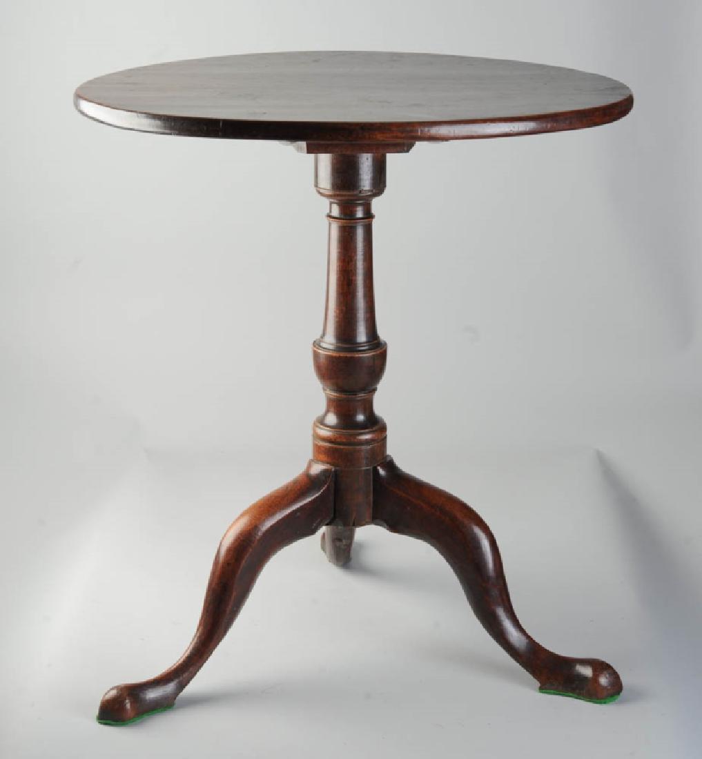 Antique Queen Anne Style Tilt Top Tea Table: Round tilt top over turned standard over three cabriole legs with snake feet. H: approx. 26 3/4". Dia: approx. 24".