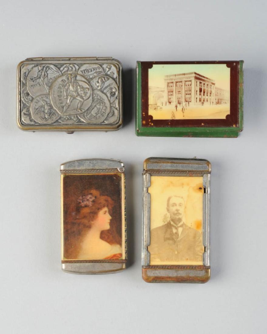 Match Holder Lot: Ancient coin motif holder compliments of Clint Carrico Cafe, Wheeling, WV (pat. 1904), A.T. Penton Pocket Billiards Milton, FL, Frank A. Day Highlandtown, plus match box cover, First National Bank, No