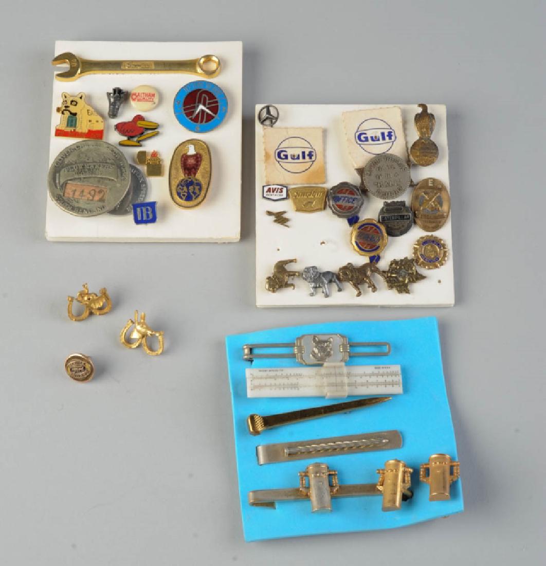 Lot Advertising Pins, etc.: Including Hall Motor Trucks, Sinclair, Mack Trucks, Oliver Chilled Plow Works, Case, etc.