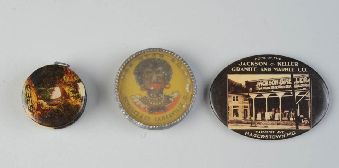 Advertising Mirrors & Tape Measure: Schultz & Co. Star Soap Game/Mirror, Jackson & Keller Granite and Marble Co., Hagerstown, MD pocket mirror, National Bridge Hotel tape measure.