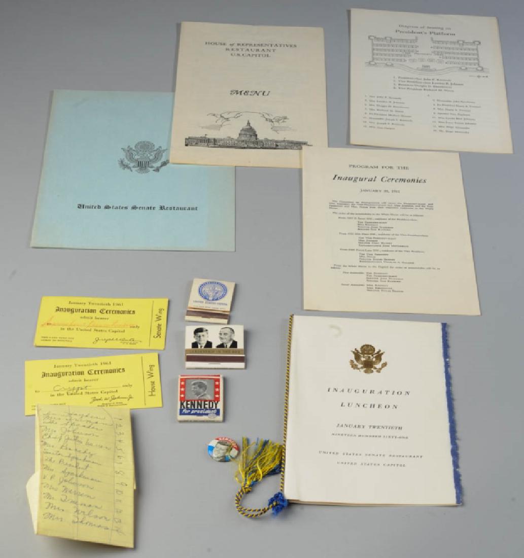 John Kennedy Ephemera: Jan. 20, 1961 Inauguration Ceremonies tickets to Senate Wing and House Wing, Inauguration luncheon menu, diagram of seating on President's Platform, etc.