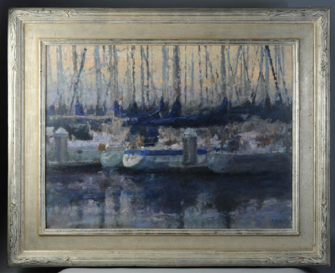 Marty Ricks (b. 1961) Oil on Canvas: Impressionistic scene of docked sailboats, signed lower right, framed. Ricks is a Utah-based artist known for his landscape paintings. Visible image: approx. 31 1/4" x 23 1/4". Frame: approx. 41" x 33