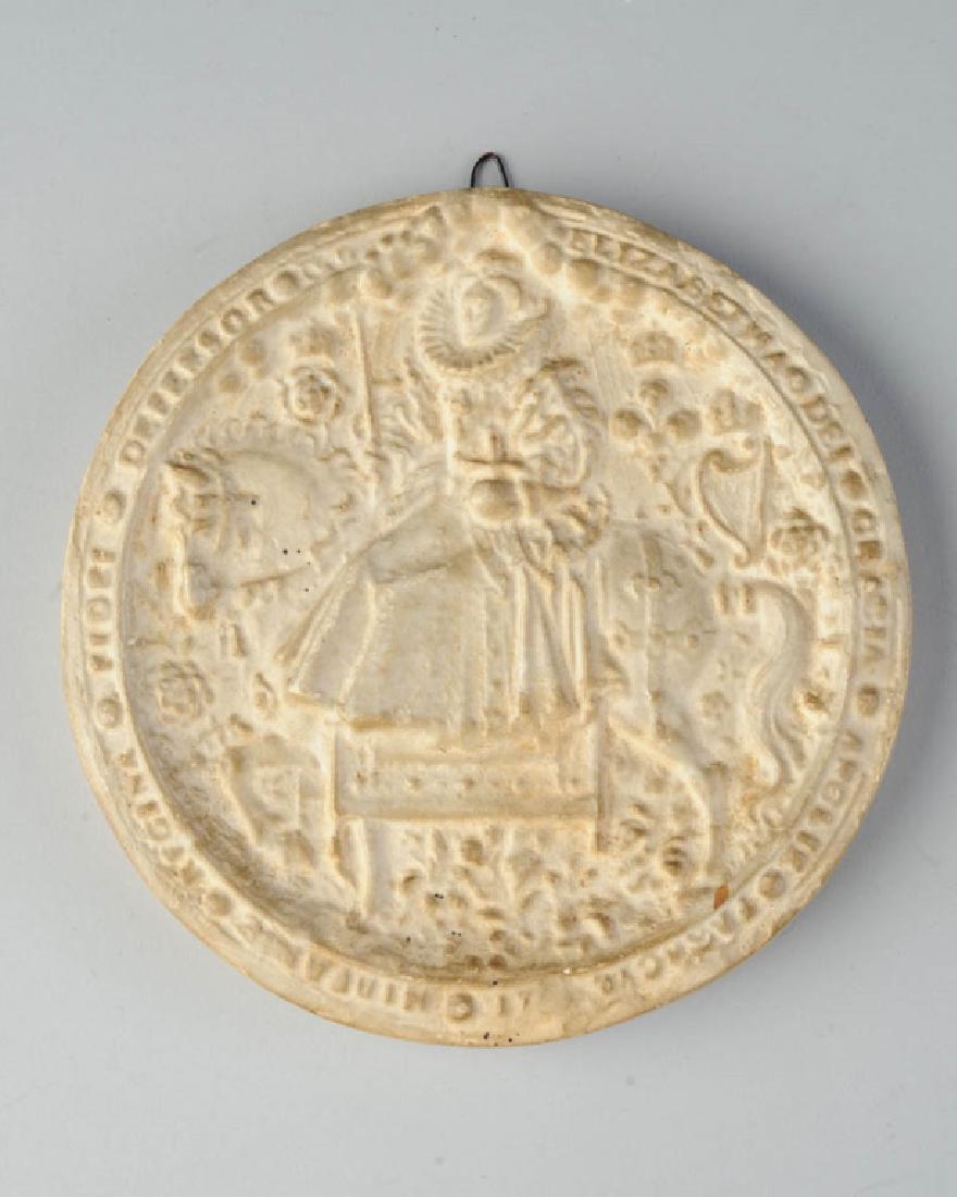 Reproduction Elizabeth I Great Seal: Ceramic reproduction of the Great Seal of Elizabeth I. Dia: approx. 5 1/2". Provenance: The collection of Ambassador and Mrs. Alexander Weddell of Virginia House Museum, Richmond, Virginia.
