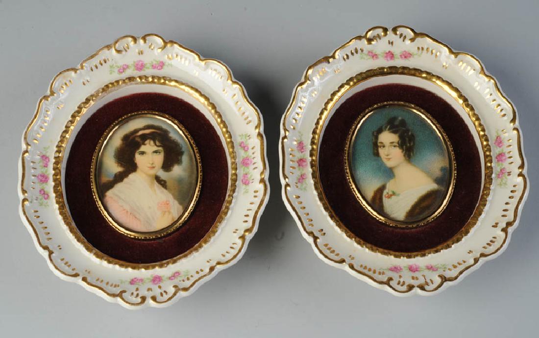 2 Mid Century Cameo Creations in Porcelain Frames: Prints from paintings "Portrait of a Lady" by Moritz Michael Daffinger and "Hubak Lady" (artist unknown), both with paper labels to verso. Approx. 7 1/4" x 6".