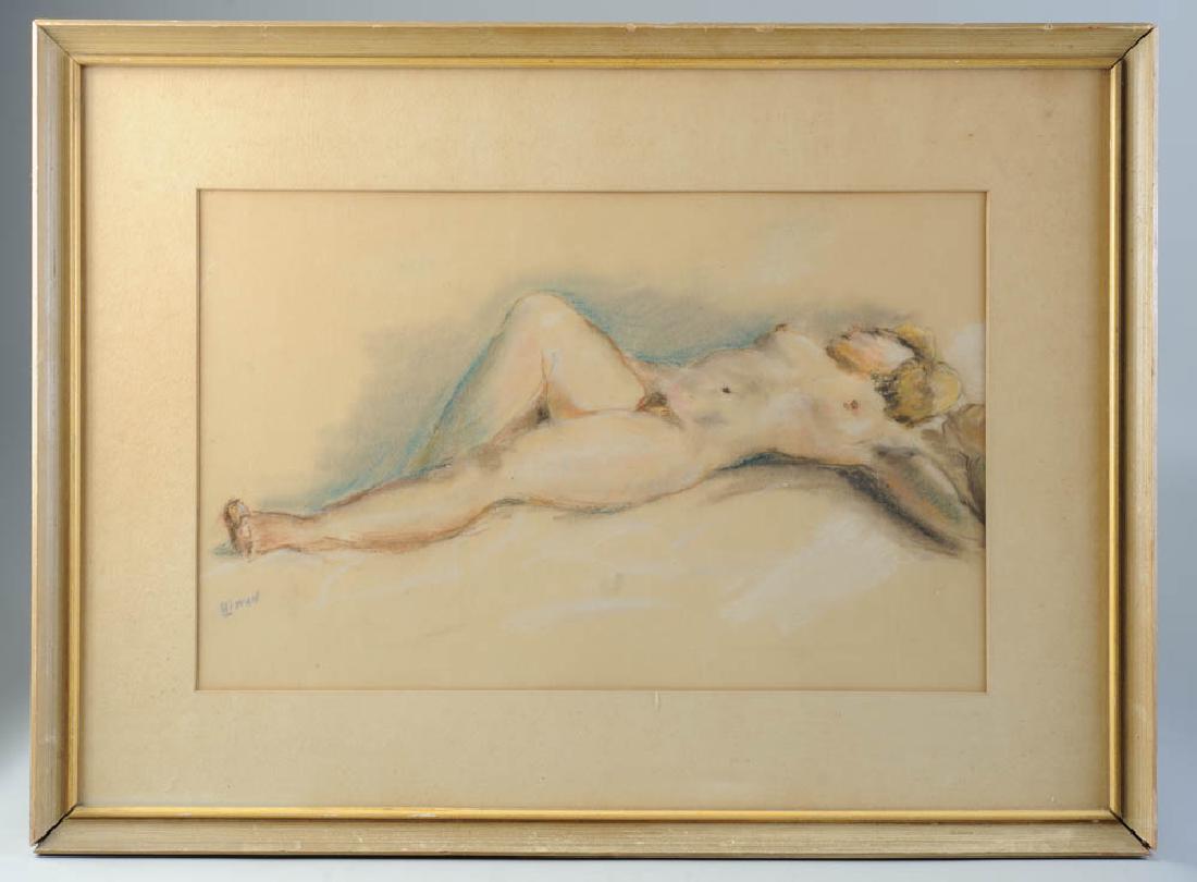 Pastel on Paper of Reclining Nude: Illegibly signed lower left. Visible image: approx. 18 3/4" x 11 3/4". Frame: approx. 26 1/2" x 19 3/4".