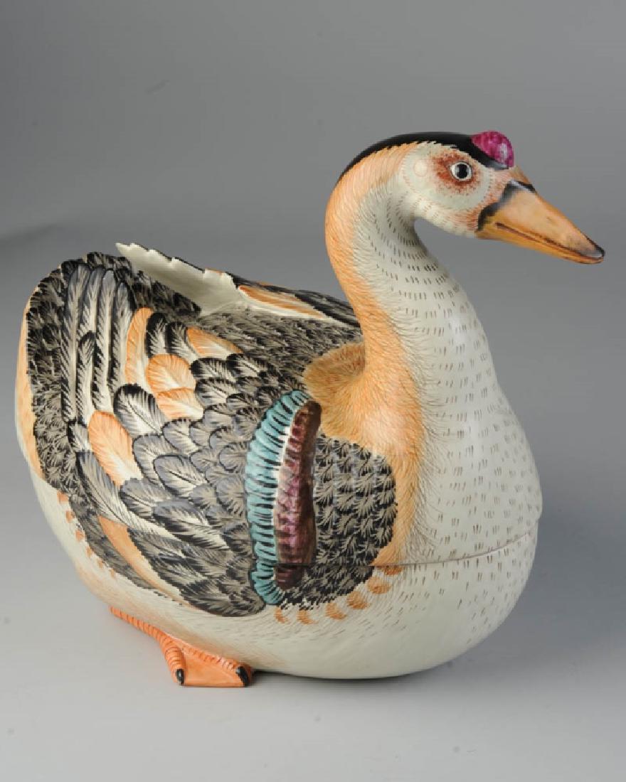 Chinese Export Type Porcelain Goose Tureen: Possibly Mottahedeh. Modeled after an 18th C. Chinese export porcelain tureen, made in Italy. Marked "Italy" to base. Excellent condition. 20th C. Approx. 9 11/2" x 13" x 15".