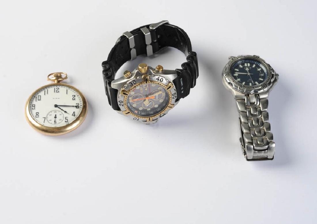 Watch Lot: Two Citizen Eco-Drive wrist watches and an Elgin pocket watch. All untested / in as-found condition.