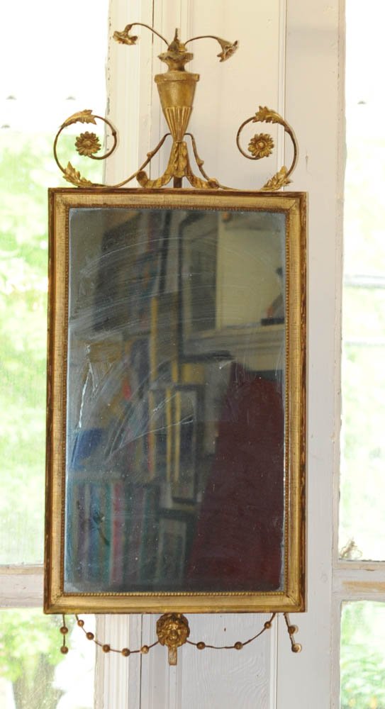 Antique Adam Style Gilt Gesso Pier Mirror: 19th C. pier glass with gilt gesso frame having neoclassical urn and floral crest, and with beaded garlands below joining at lion's head. Original glass, black where silvering has been lost. Some loss