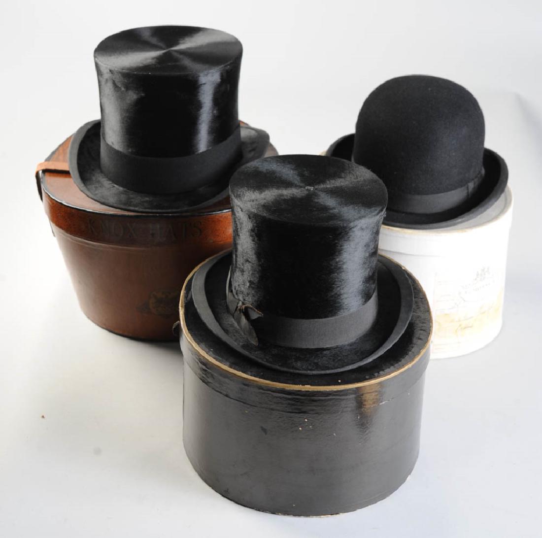 Three Vintage Men's Hats in Boxes: One R.H. Ramsden, England beaver top hat in unmarked box, one E. Motsch, France riding bowler in E. Motsch box, and one Knox beaver top hat in Knox box. Largest Box: approx. 8" x 14" x 12".