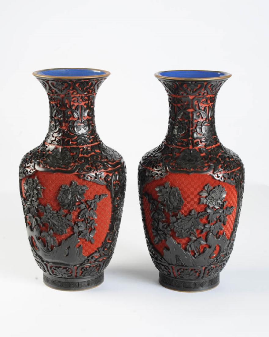 Pair Chinese Carved Cinnabar Vases (1 of 4)