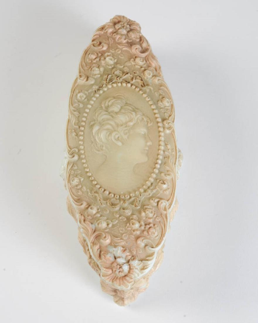 Victorian Painted Glass Cameo Lidded Box: With some losses to paint, minor chipping to inside of rim. H: approx. 2 1/4" W: approx. 10 1/2". D: approx. 3 1/2".