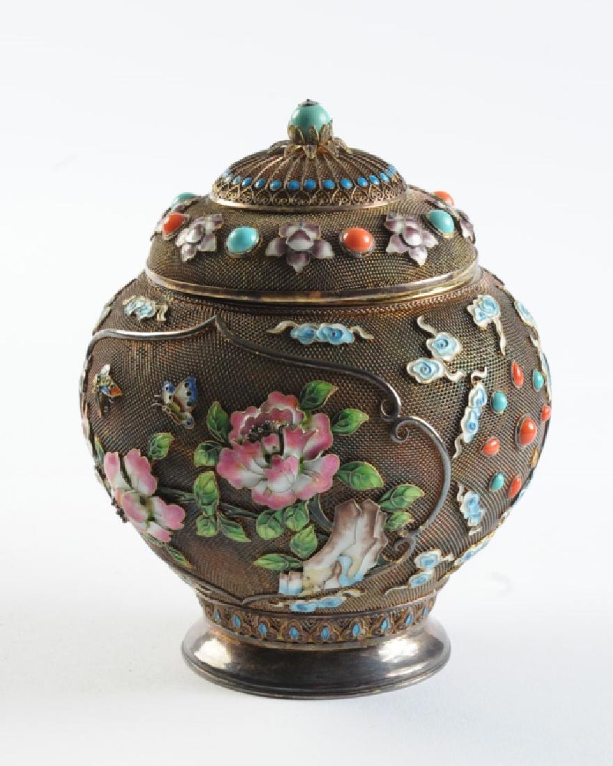 Chinese Gilt Silver Filigree & Enamel Jar & Cover (1 of 5)