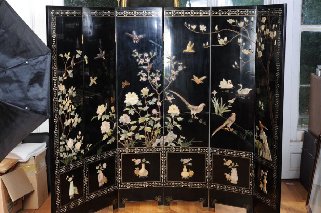 Six Panel Chinese Lacquer & Hardstone Screen (1 of 5)