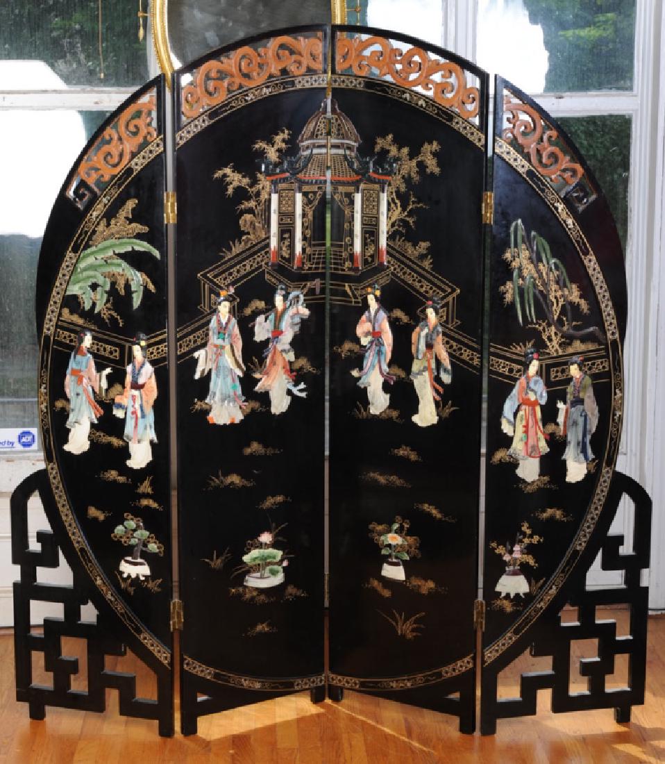 Chinese Round Lacquer Floor Screen: With a scene of maidens in a courtyard before a pagoda, black lacquer with inset hardstone and bone or composition, with openwork crest and base. Verso with gold painted grasses, prunus, bamboo and fl
