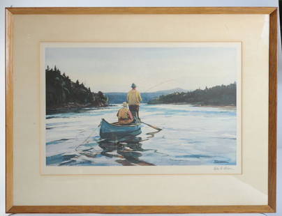 Ogden Pleissner (1905 - 1983) Signed Artist Proof: Casting for Salmon" limited edition artist proof color print after the painting by Ogden Minton Pleissner, signed in pencil lower right with blind stamp lower left, matted and framed with Abercrombie