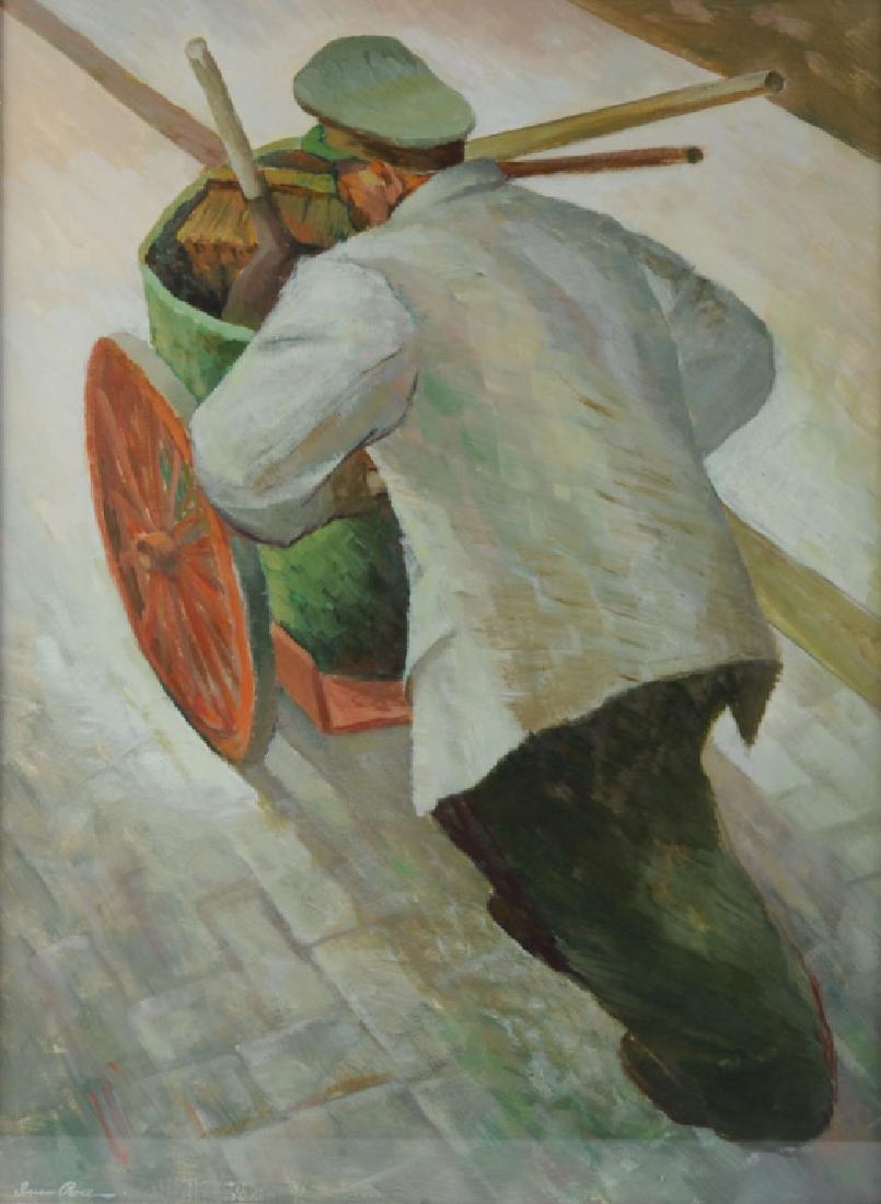 Iver Rose, (1899 - 1972, American): Gouache on paper showing a workman, possibly a street cleaner, with his cart. The dramatic view from above, the angles of the worker's body, the handles of his tools, and the slant of the street, coup