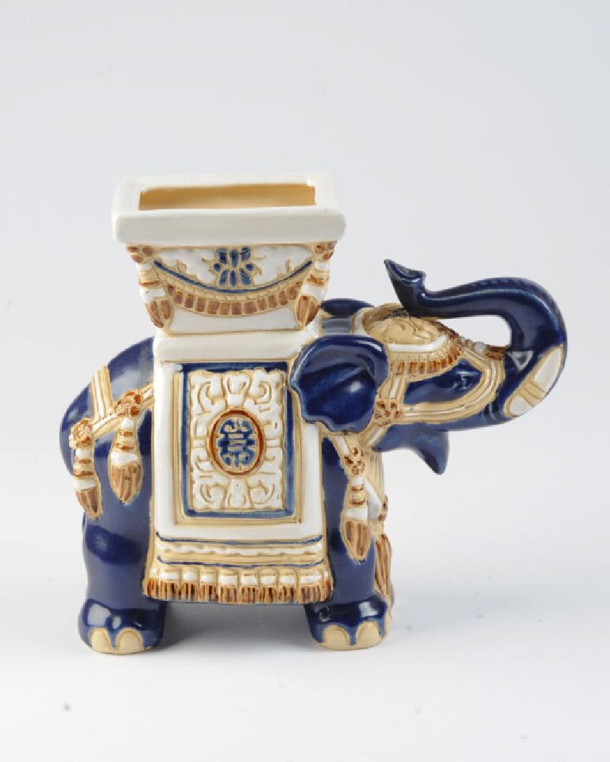 Vintage Ceramic Chinese Elephant Planter: Cache pot or planter in the form of an elephant in full regalia, with sgraffito and glaze decoration. Unmarked. Approx. 9" H, 10" L.
