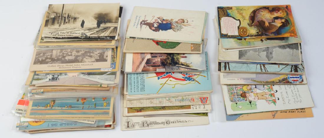 Lot of Postcards: Including Staunton, VA C & O R.R. Depot, real photo cards: "Fighting Fire at Rockland, ME 25 Below Zero", "Cloris Wears Frozen in 3,500 lbs of Ice for 17 min", etc.