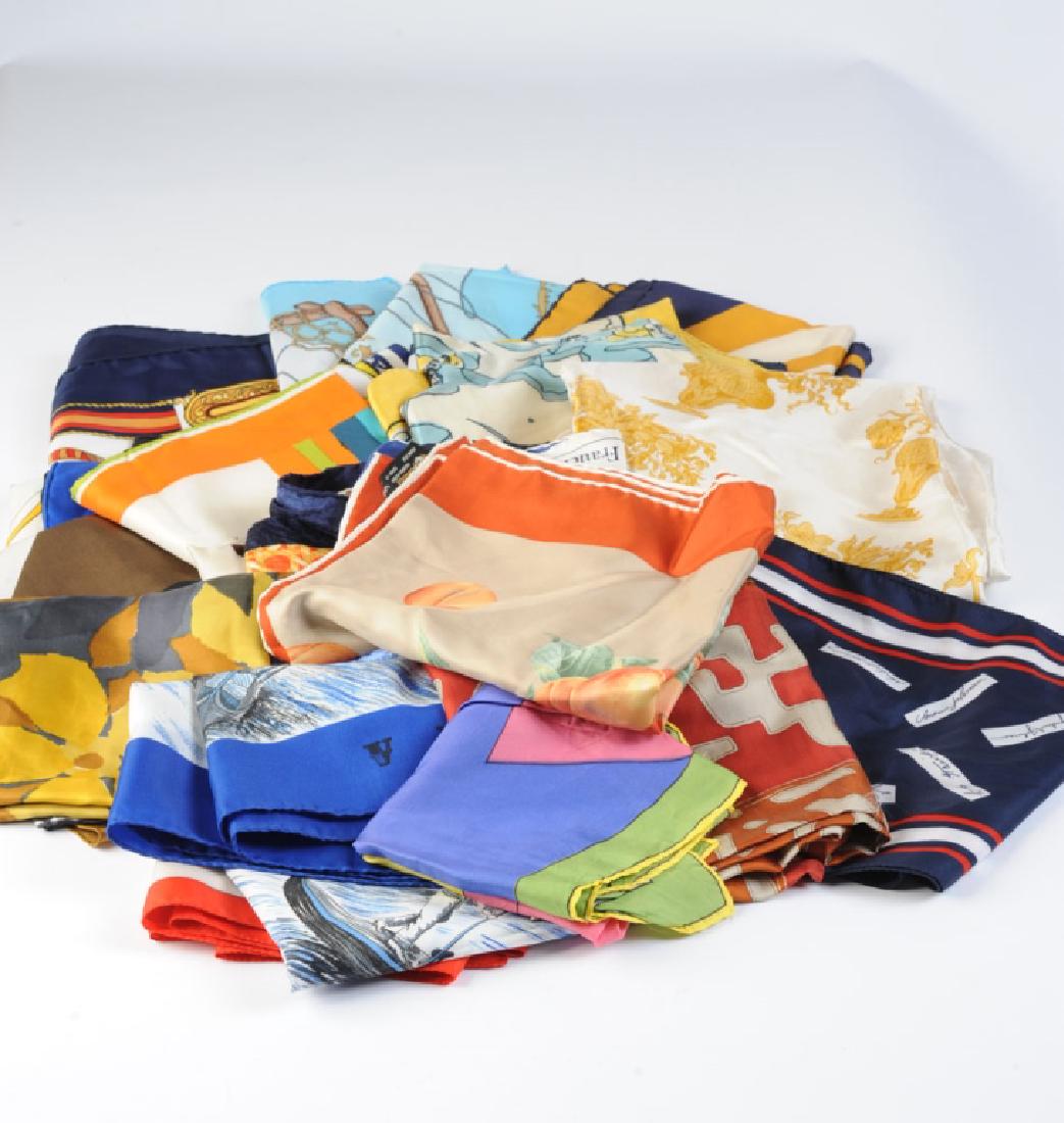 Lot of Vintage Designer Scarves: Twenty-nine in all, most silk, most French or Italian, with labels including Pierre Cardin, Yves Saint Laurent, Vera, Furstenberg, Frankie Welch, Brook Cadwallader, and others.