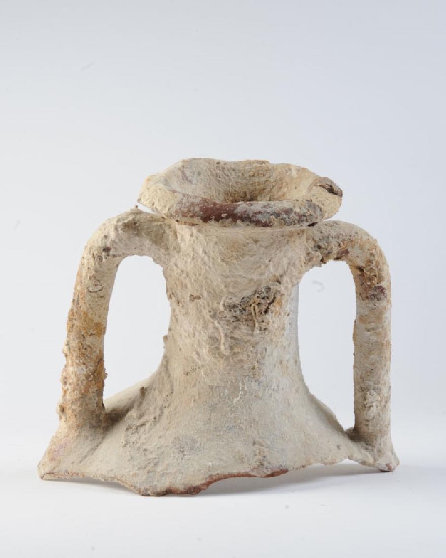 Encrusted Fragment Ancient Greek / Roman Amphora: Top portion of a large ancient transport amphora, having the handles, neck and mouth. Heavily encrusted by barnacles, bleached white, the evocative object was found in the surf of the Mediterranean se