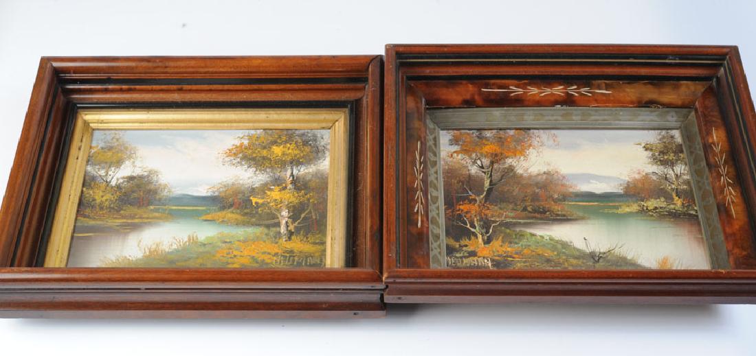 Pair Oil on Canvas Landscapes Signed Neumann: In identical antique frames, both signed Neumann, one signed lower left the other signed lower right, both signed to verso. Visible image: approx. 9 1/2" x 7 1/2". Frame: approx. 14" x 12".
