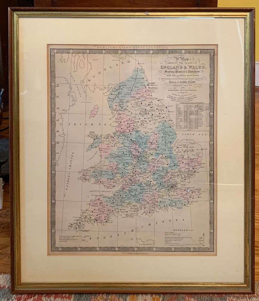 Hand Colored Map, James Wyld (1812-1887): Antique c. 1855 map published by James Wyld entitled: "Parliamentary Representation" and "A Map Shewing the Places in England & Wales Sending Members to Parliament with the Numbers Returned. Divisions