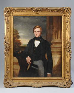 Herbert Luther Smith (British, circa 1809-1869): Oil on canvas portrait of a young, auburn haired gentleman, by Herbert Luther Smith. The young man stands on a terrace beside a large column, with a twilight landscape under a darkening sky to his rig