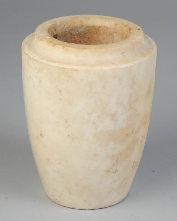 Egyptian Alabaster Canopic Jar: Carved white alabaster jar, probably an Egyptian Canopic jar, used to contain various internal organs alongside the mummified corpse in ancient Egypt. Approx. 8" in height, walls of jar approx. 1 1/4"