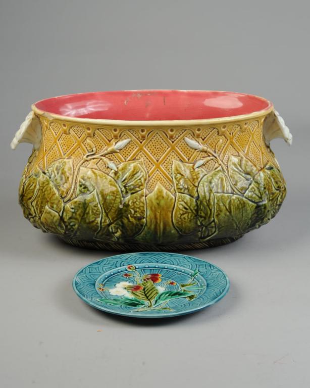 Majolica Cachepot, Strawberry Plate: Teal blue French majolica plate with strawberry plant decoration, marked Sarreguemines to verso. Offered with large cachepot with gold basket weave ground a design of morning glories, the white flower
