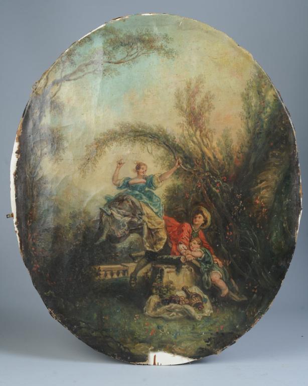 18th or 19th C. Rococo Style Painting: Removed from its original stretchers and nailed to an oval board, an oil on canvas in the style of Francois Boucher, showing plump and well dressed young people frolicking in a bucolic landscape. Appe