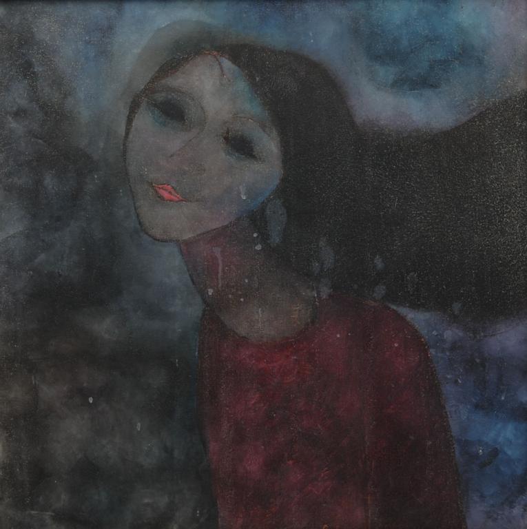 Nguyen Trung (Vietnamese, B. 1940): Oil on canvas painting of a graceful young woman in red with flowing black hair against a watery blue ground. Signed lower left "'Ng Trung '65". Stains to linen frame. Some whitish drops on painting's