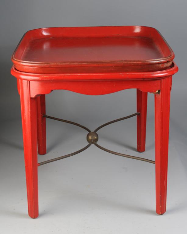 Antique Chinese Red Lacquer Tray with Stand: Large antique Chinese lacquer tray, probably Qing dynasty, rectangular with rounded corners. Professionally restored, with a contemporary custom made red wood and metal stand. Tray a rich cinnabar red