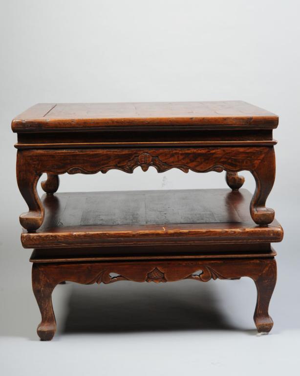 Pair Chinese Square Low Table: Qing dynasty style, possibly of the period. Heavy hardwood. One with bats carved on apron, the other with flower scrolls. Both approx 26 1/4" square, 11 1/2" in height.