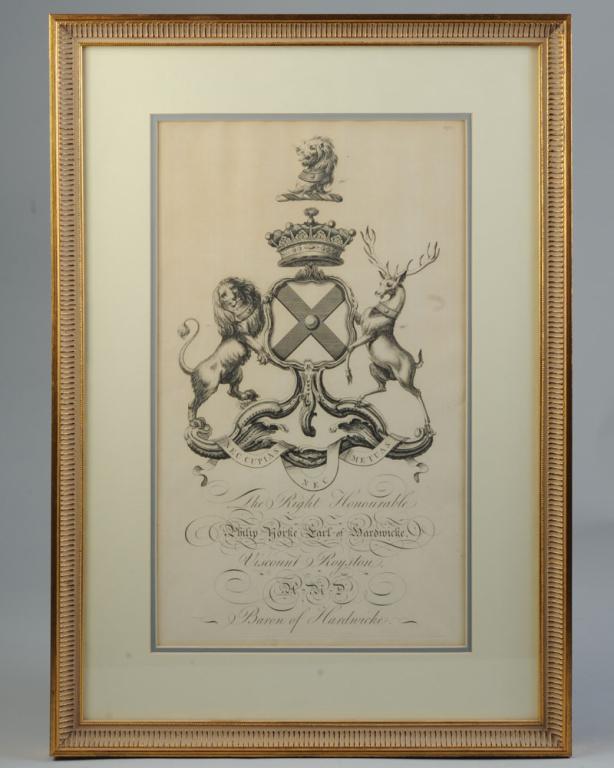 Antique Engraving, Coat of Arms Earl of Hardwicke: Coat of Arms of Philip Yorke, 2nd Earl of Hardwicke, Viscount Roystone, Baron of Hardwicke. Matted and framed. Visible image: approx. 10" x 16 3/4". Frame: approx. 16 1/2" x 23 1/2".