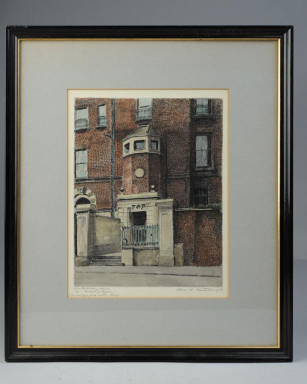 Flora Mitchell (1890 - 1973) Ink & Watercolor: "Charles Dickens House No 1 Devonshire Terrace ("David Copperfield" written here)", signed in pencil lower right and dated 1959, titled lower left. Matted and framed. Flora Hippisley (Florina) Mitchel