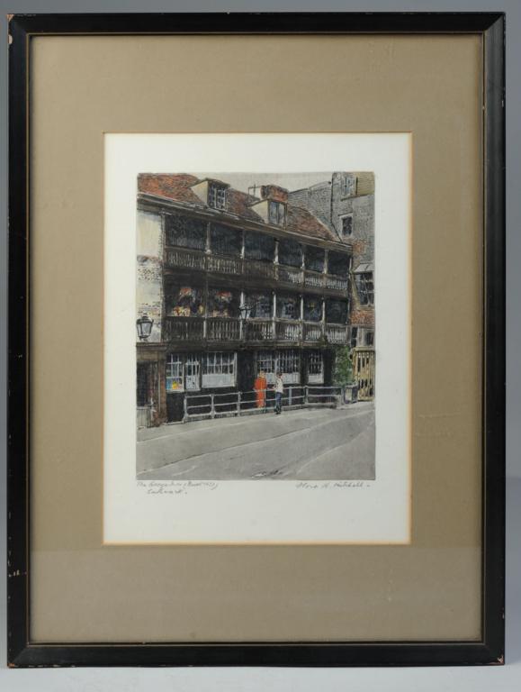 Flora Mitchell (1890 - 1973) Ink & Watercolor: "The George Inn (built 1677) Southwark", signed in pencil lower right, titled lower left. Matted and framed. Flora Hippisley (Florina) Mitchell (1890 - 1973) was active and lived in Ireland and the Un