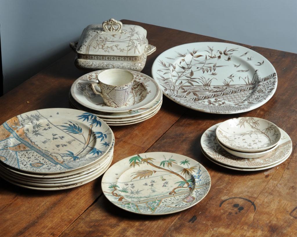 19 Pcs. Aesthetic English Transferware: Mostly Gildea & Walker and W.H. Grindley & Co., including six approx. dia. 10 1/2" plates, four approx. dia. 9" shallow bowls, one approx. dia. 8 1/2" shallow bowl, one teacup, two approx. dia. 6" sau
