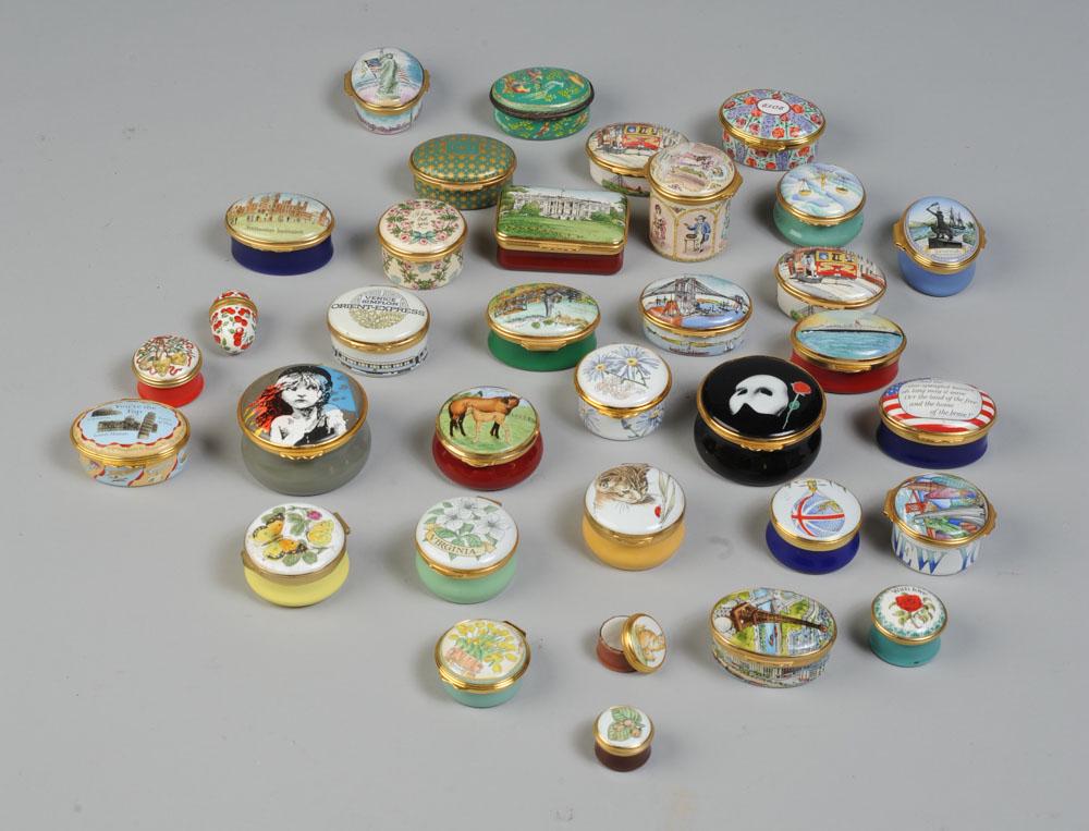 Large Lot Halcyon Days + Other Enamel Pill Boxes: Including 24 marked Halcyon Days (one broken), 10 by other makers including Staffordshire Enamel, Crummles, Toye Kenning & Spencer, The Theater Collection. 34 total.