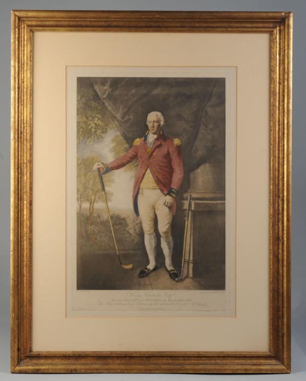 Antique William Ward Proof Engraving, Golfer: Hand colored, "Henry Callender Esq. To the Society of Coffers at Blackhearth", printed by L.F. Abbott, engraved by William Ward, published by William Ward, 1812. Matted and framed. Visible image: appr