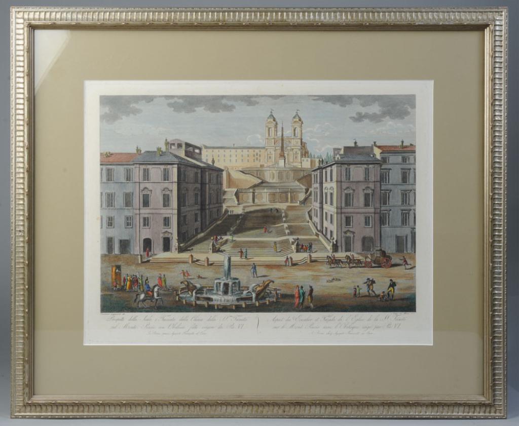 Two Antique Italian Hand Colored Engravings: One of St. Peter's Basilica engraved by Pietro Ruga (d. 1850s), the other shows the Trinita dei Monti engraved by Giovanni Acquaroni (1780 - 1847). Matted and identically framed. Visible image: approx