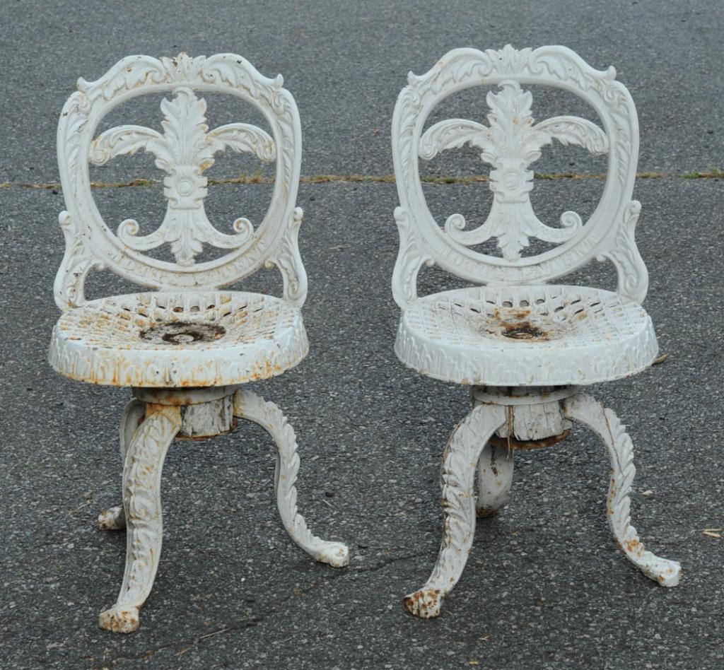 Rare Pair 19th C. Motts New York Cast Iron Chairs: Rare pair circa 1860 J.L. Motts New York cast iron Rococo Revival chairs, both marked "New York / Motts Patent". From a Central Virginia plantation. H: approx. 31 1/4".