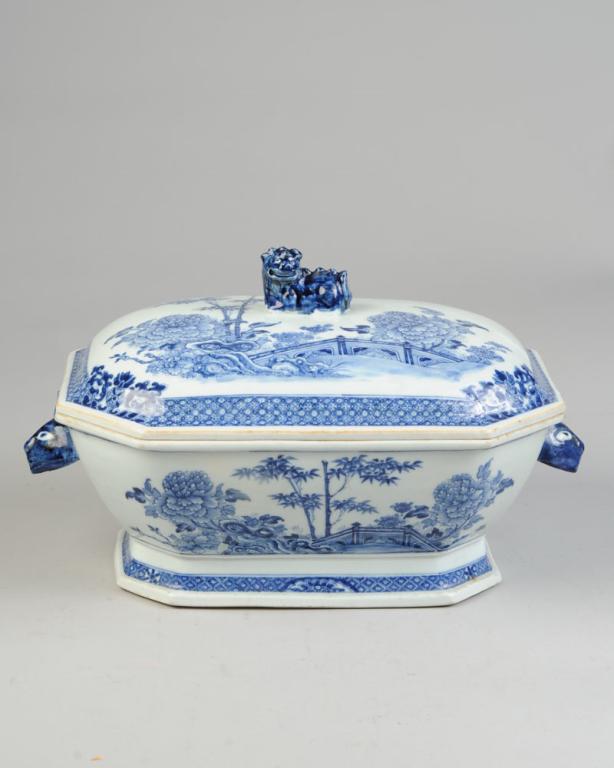 18th C. Qianlong Chinese Export Tureen & Cover: Finely painted scene of a terrace garden with peony, bamboo, and rock work, and with diaper borders interrupted by lotus scrolls. Grinning qilin finial, boar's head handles. Qianlong period. Old resto