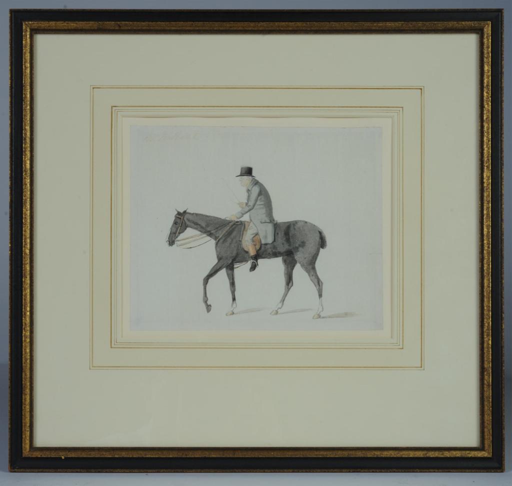 Sir Robert Frankland (1784-1849, British): Original ink and watercolor on paper by Sir Robert Frankland, titled upper left "Mr. Milbank", showing a gentleman astride a grey horse. Frankland, also known as 7th baronet Robert Frankland Russell, 