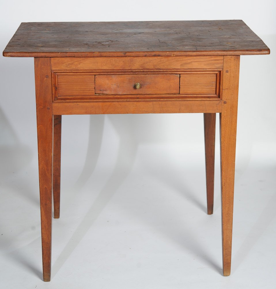 19th C. Country Hepplewhite Work Table: Single drawer, mixed woods. H: approx. 29 1/2". W: approx. 31". D: approx. 21 1/4".