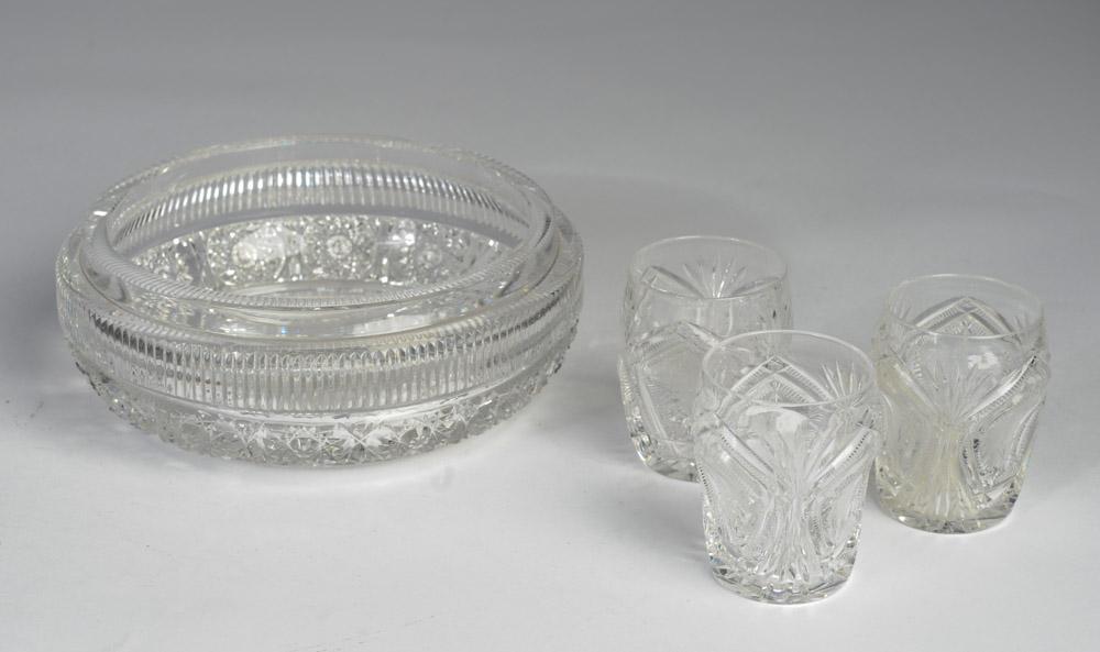 Cut Glass Lot: Round bowl, deep cutting. H: approx. 2 1/2", Dia: approx. 6 3/4". 3 shot glasses. H: approx. 2 1/2".