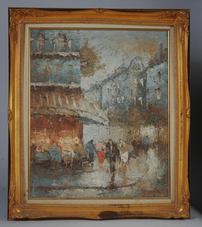 Oil on Canvas After Childe Hassam City Scene: Oil on canvas after original painting by Childe Hassam, with faux signature lower right. In gilt painted frame. Visible image: approx. 23 1/2" x 19 1/4". Frame: approx. 29 1/2" x 25 1/2".
